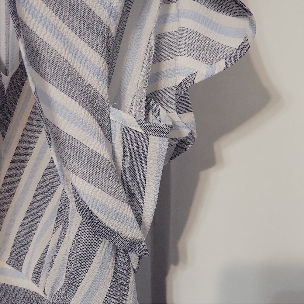Monteau—Blue and White Striped V Neck Tie Back Adjustable Waist Midi Dress—M - Picture 5 of 5
